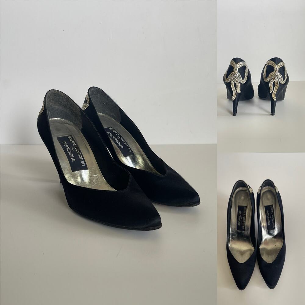 WOMEN'S STUART WEITZMAN BLACK SATIN 3.5" HEEL JEWEL BOW 7.5